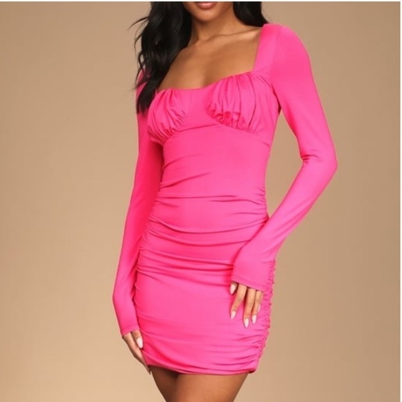 Lulu’s Hot Pink Long Sleeve Ruched Open Back Mini Dress - Picture 4 of 16